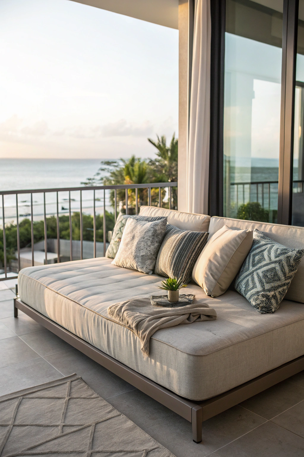 Convertible couch bed on a balcony with throw pillows