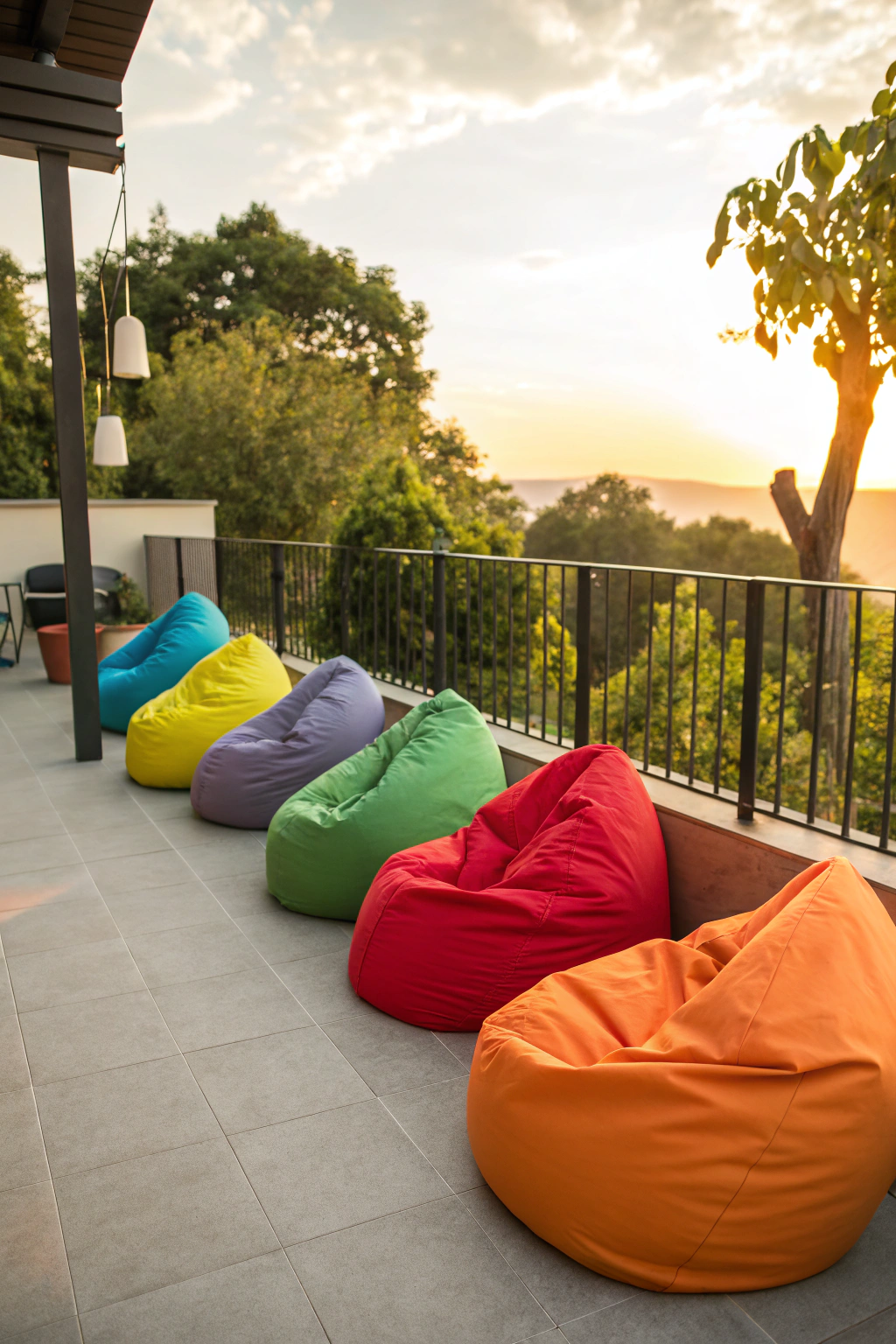 Colorful outdoor bean bag chairs on a balcony