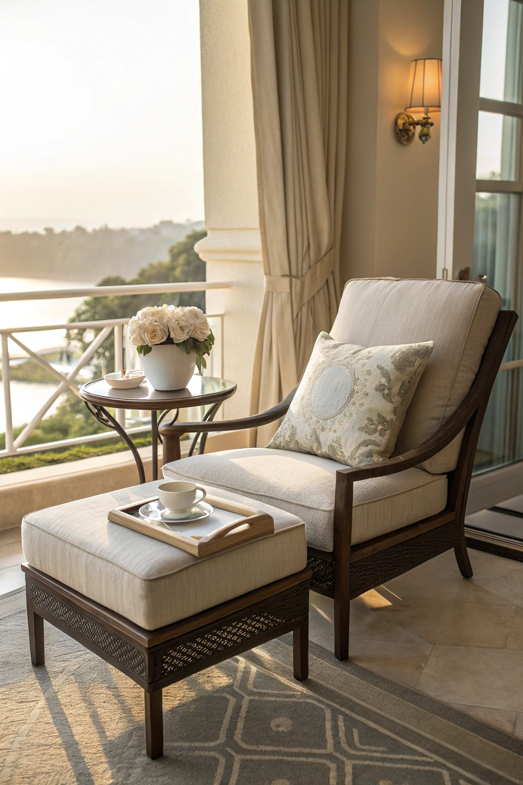 Lounge chair with side table on a balcony