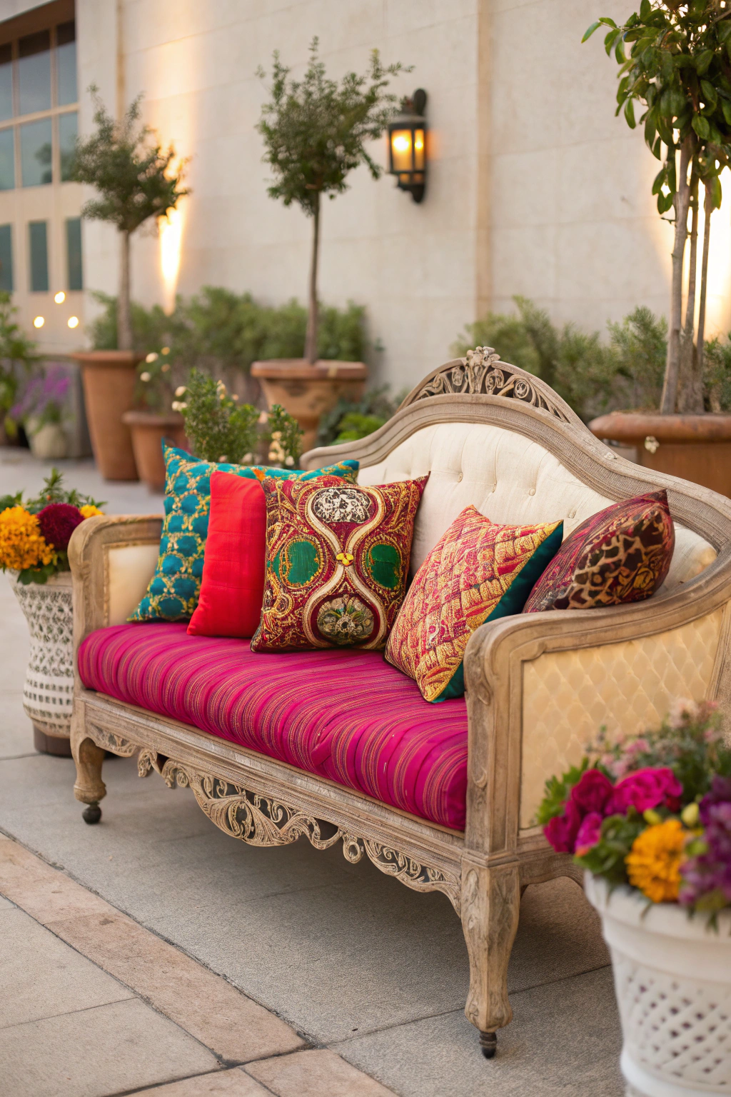 Chic love seat with colorful cushions on a balcony