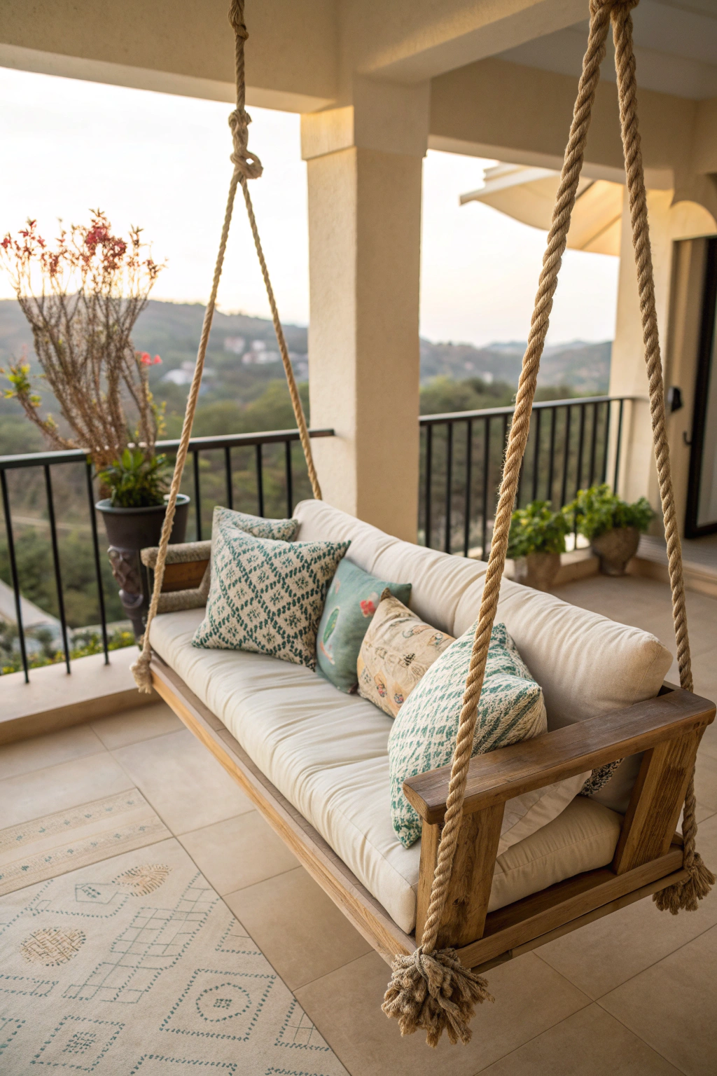 Rope swing couch on a balcony with cushions