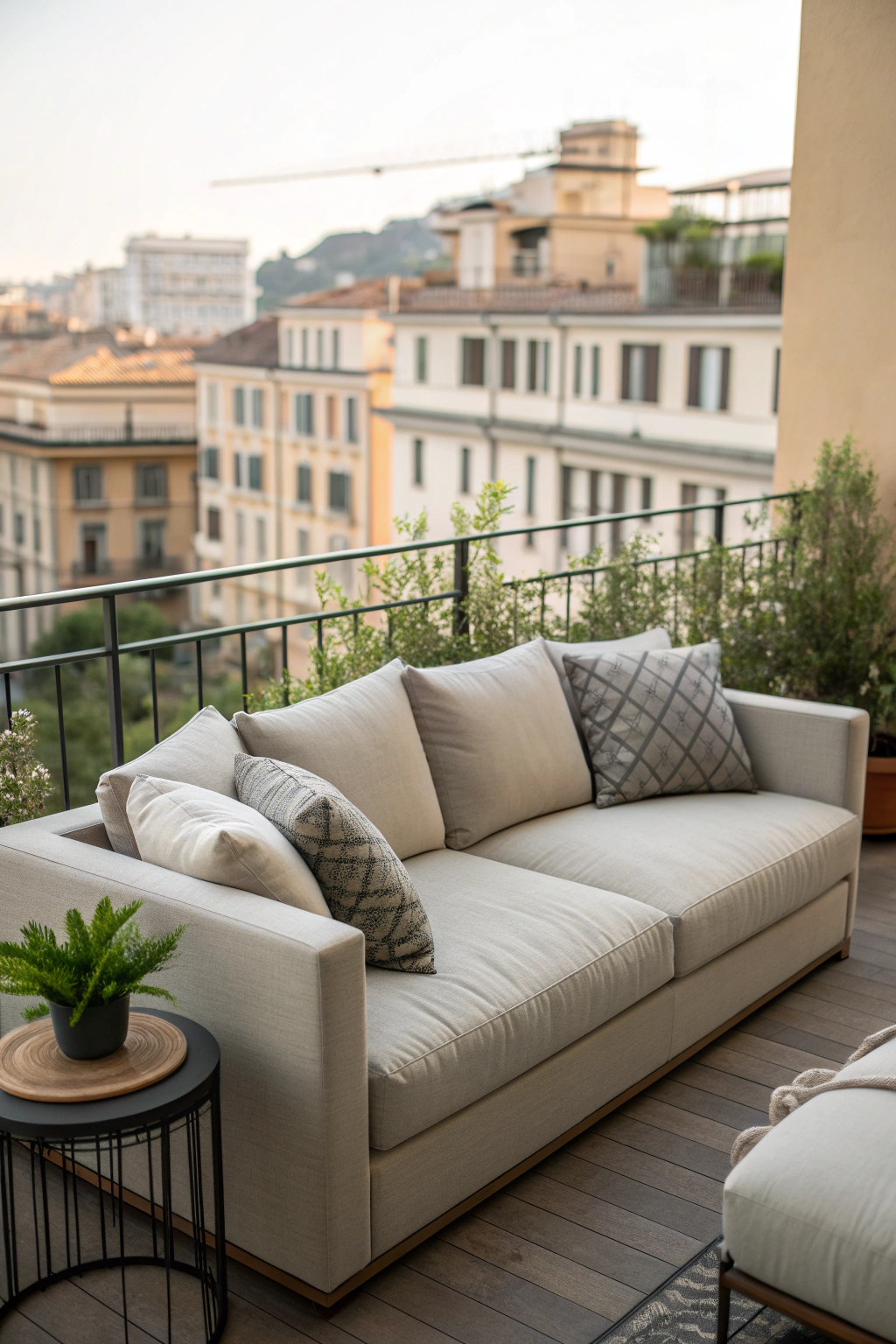 Nesting sofas arranged on a small balcony