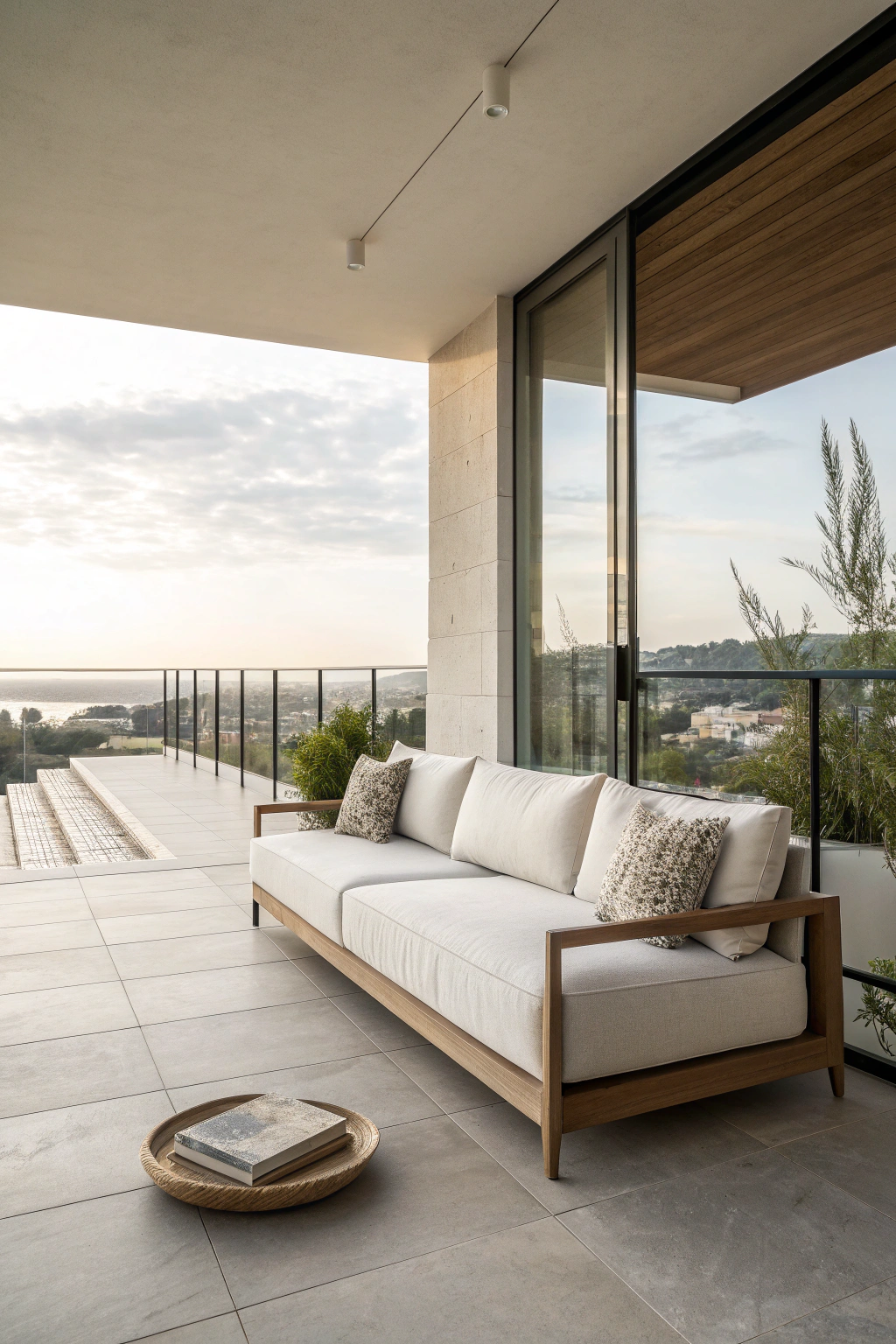 Minimalist sofa with clean lines on a balcony