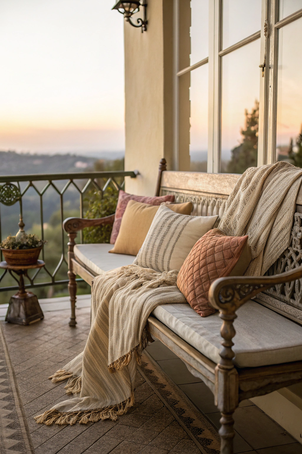 Vintage bench with cushions on a balcony