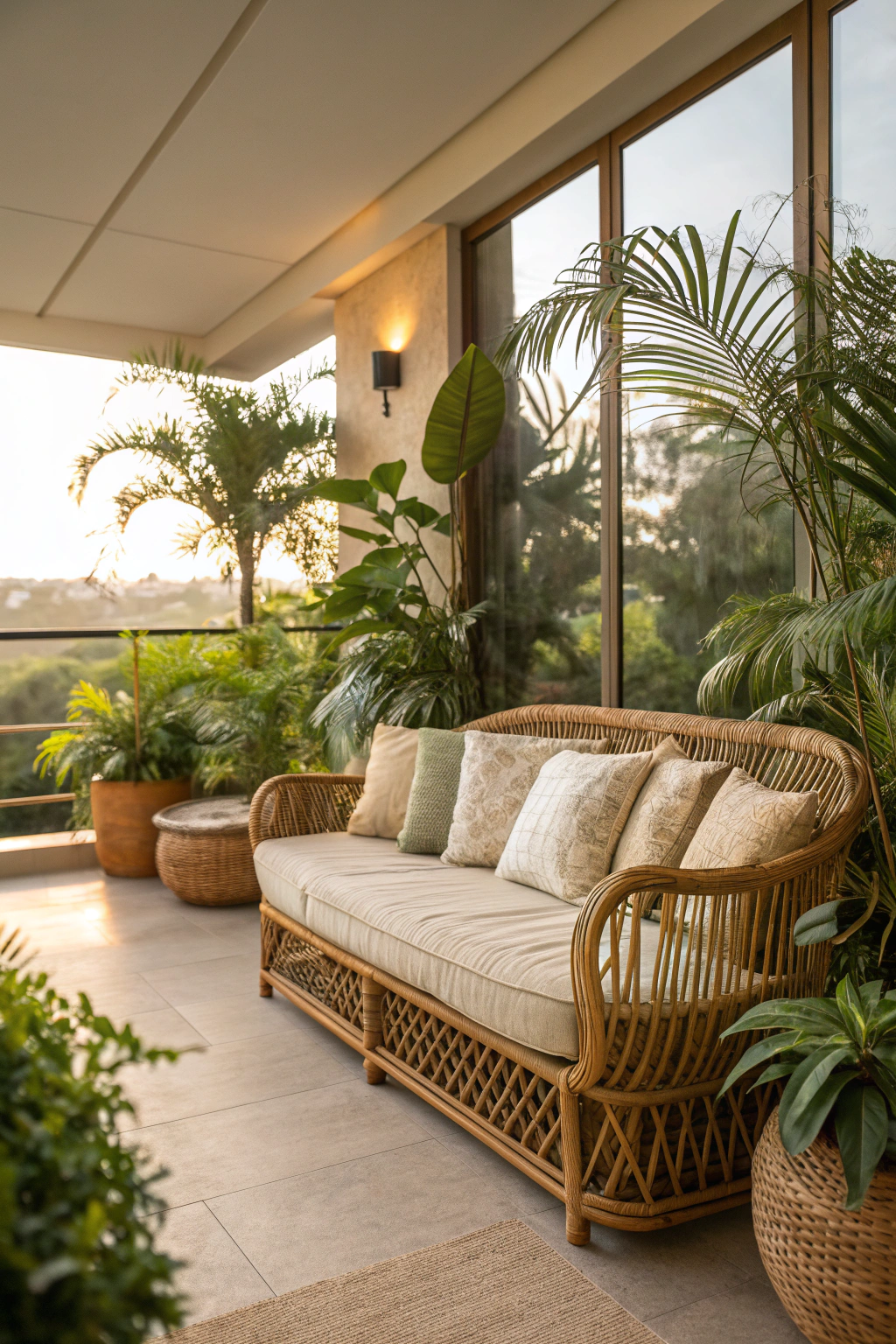 Woven rattan sofa on a balcony surrounded by plants