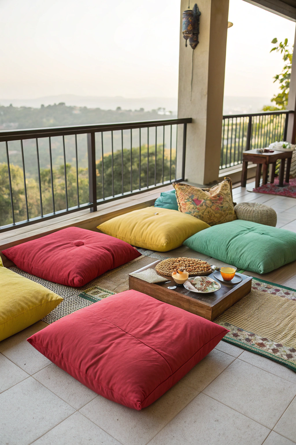 Oversized floor cushions arranged on a balcony