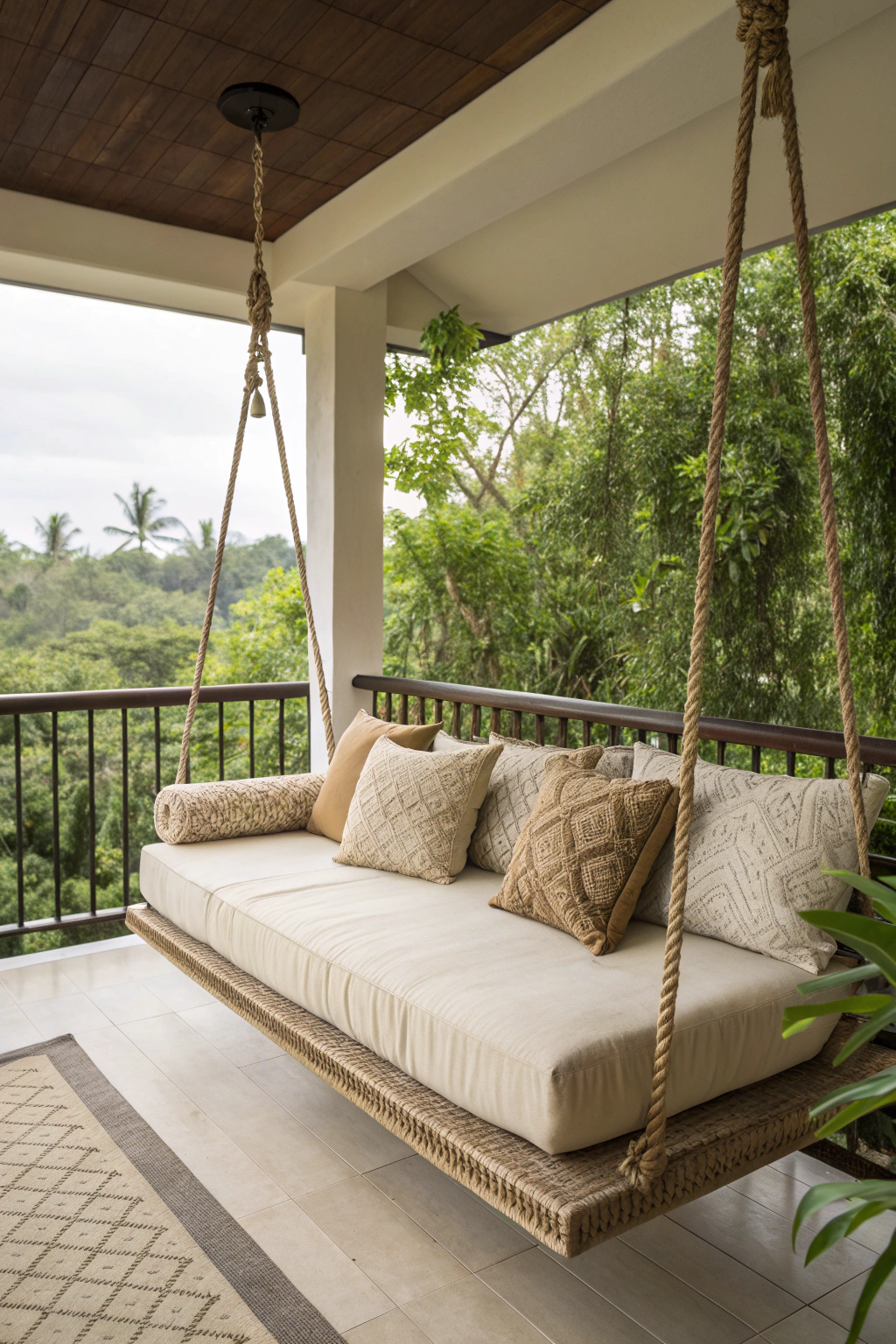 Balcony swing bed with cushions for relaxation