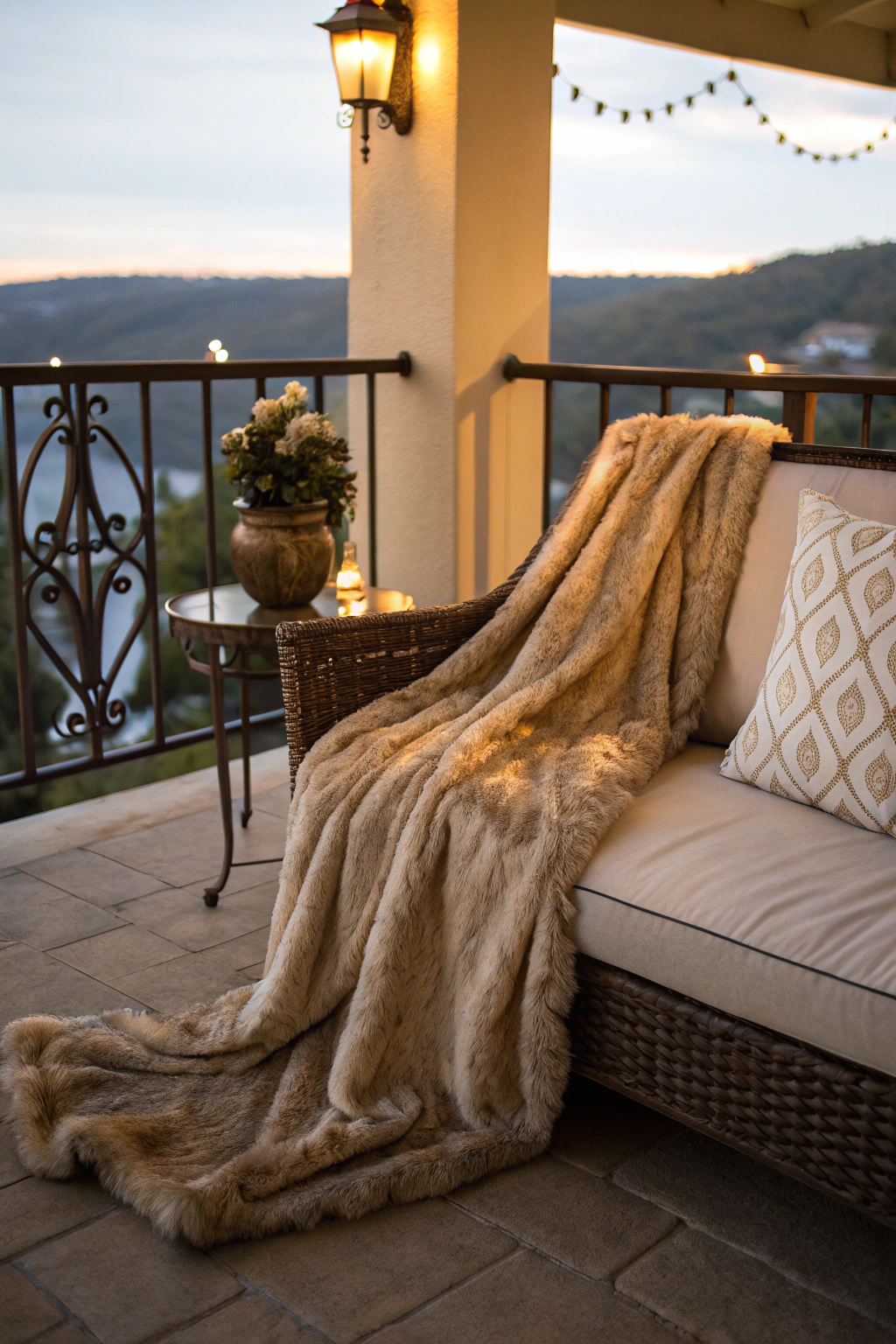 Faux fur throw draped over a couch on a balcony