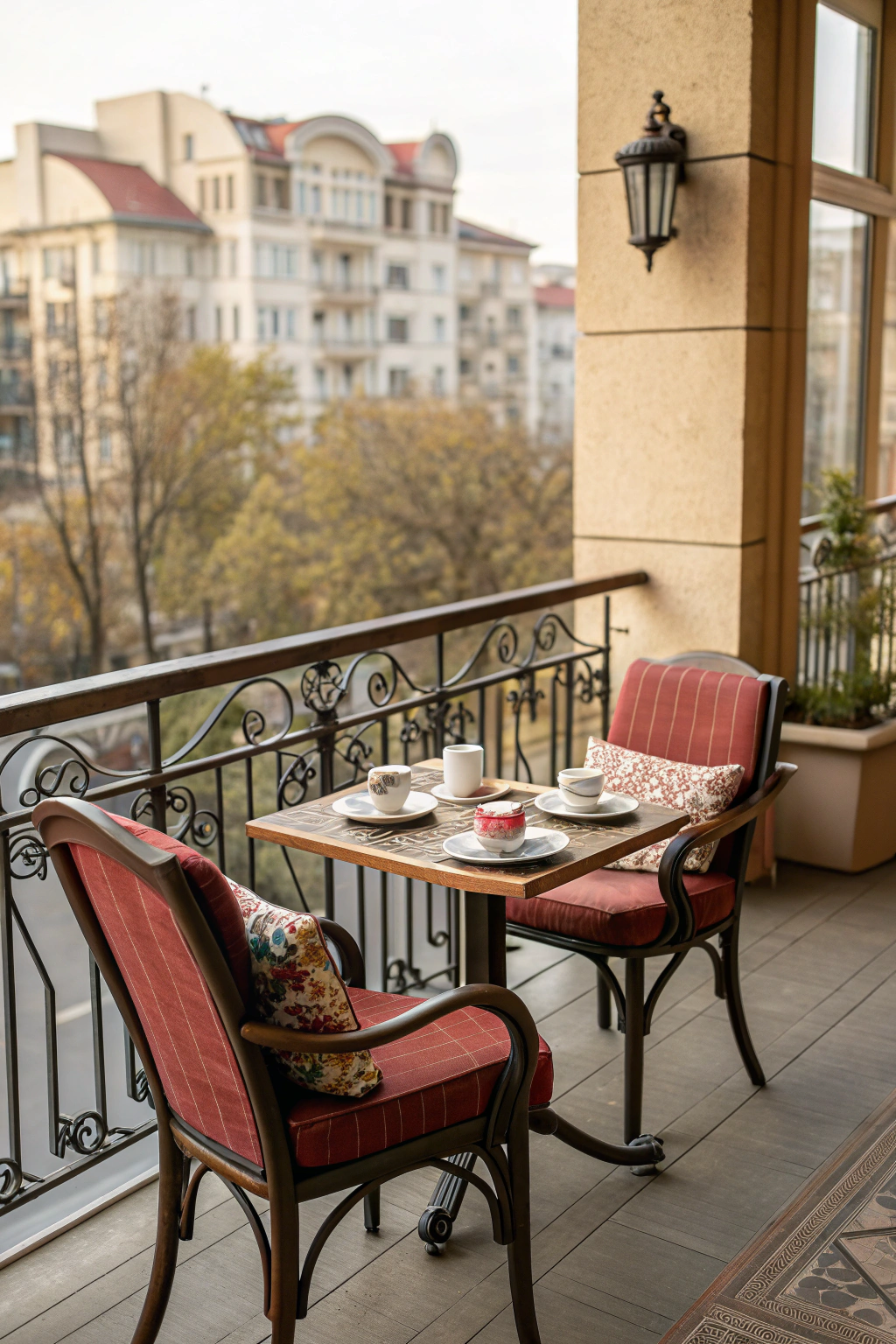 Bistro set with padded chairs on a balcony