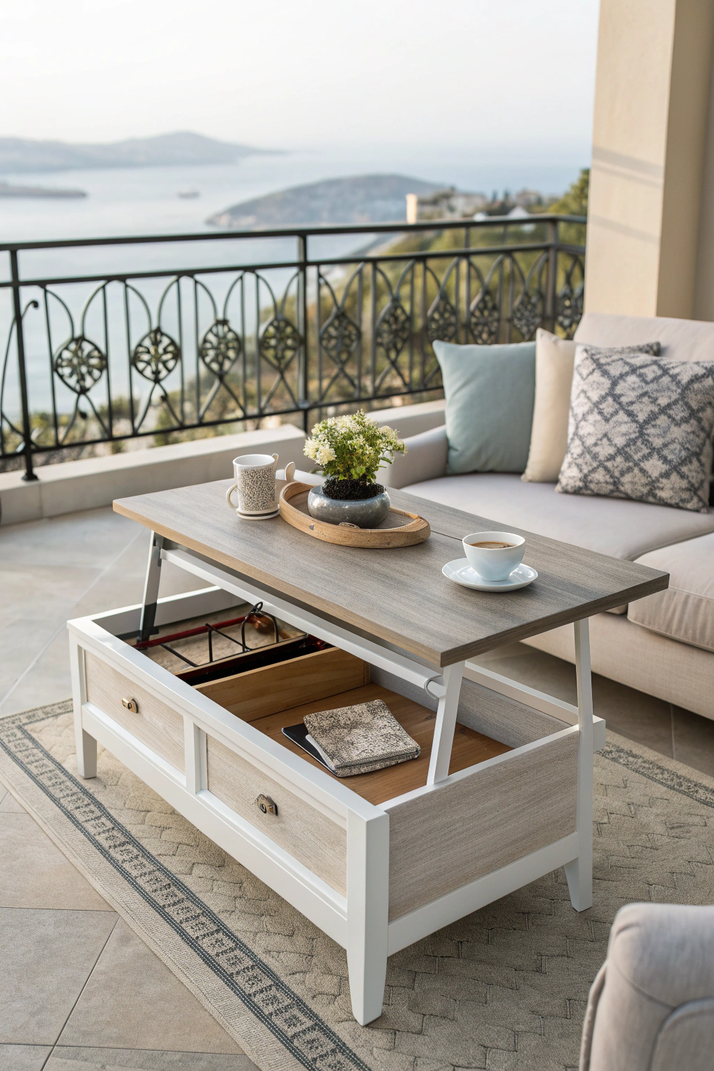Lift-top coffee table on a balcony with drinks