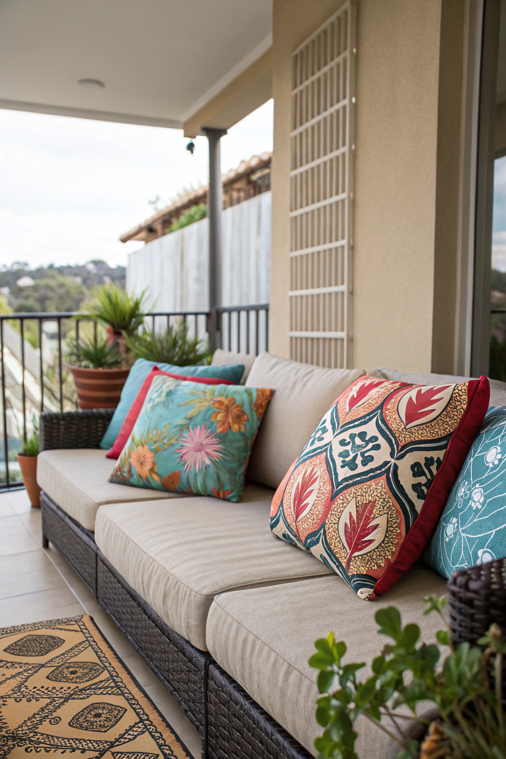 Weatherproof cushions on a balcony couch