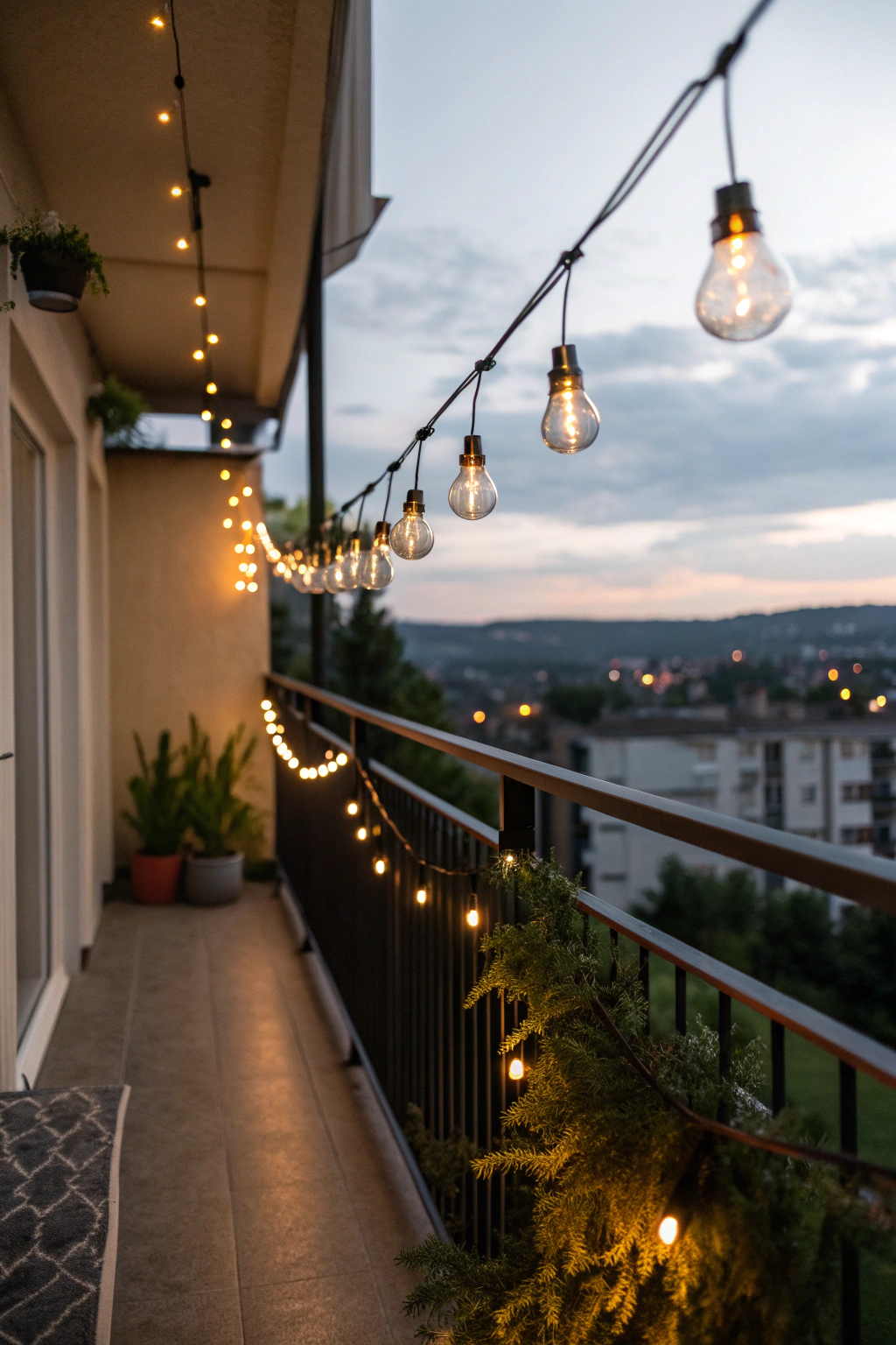 String lights hanging on a balcony for ambiance