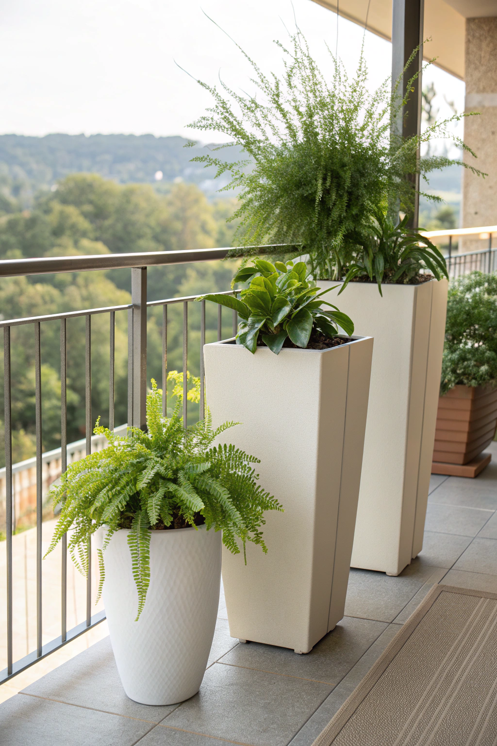 Planters used as end tables on a balcony
