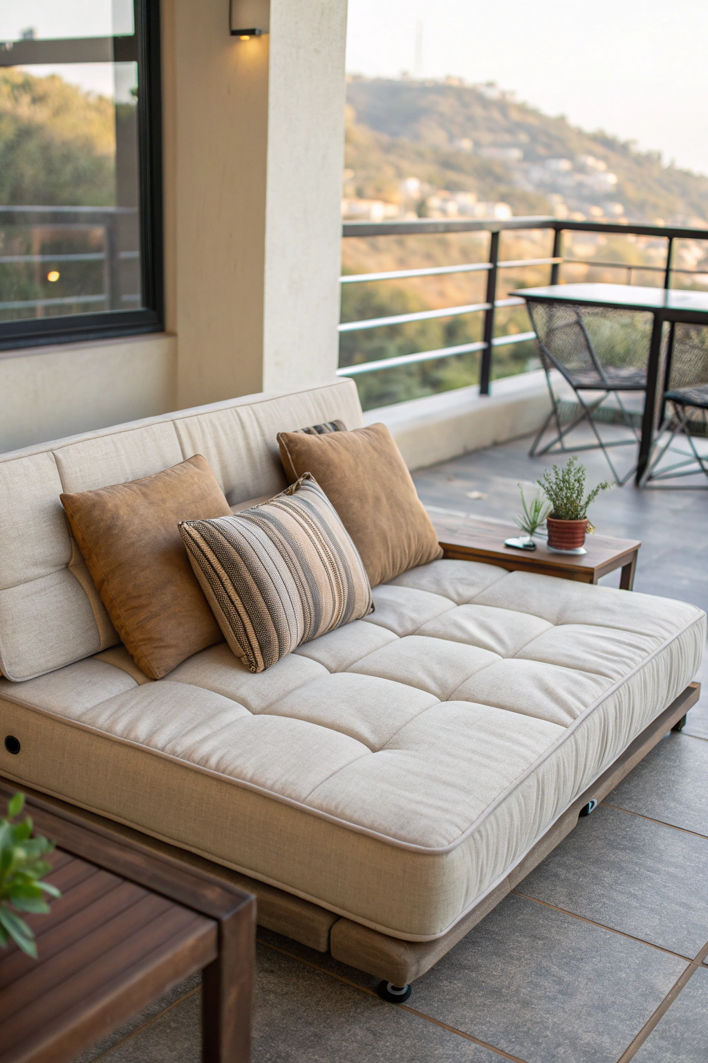 Portable couch on a balcony arranged for lounging