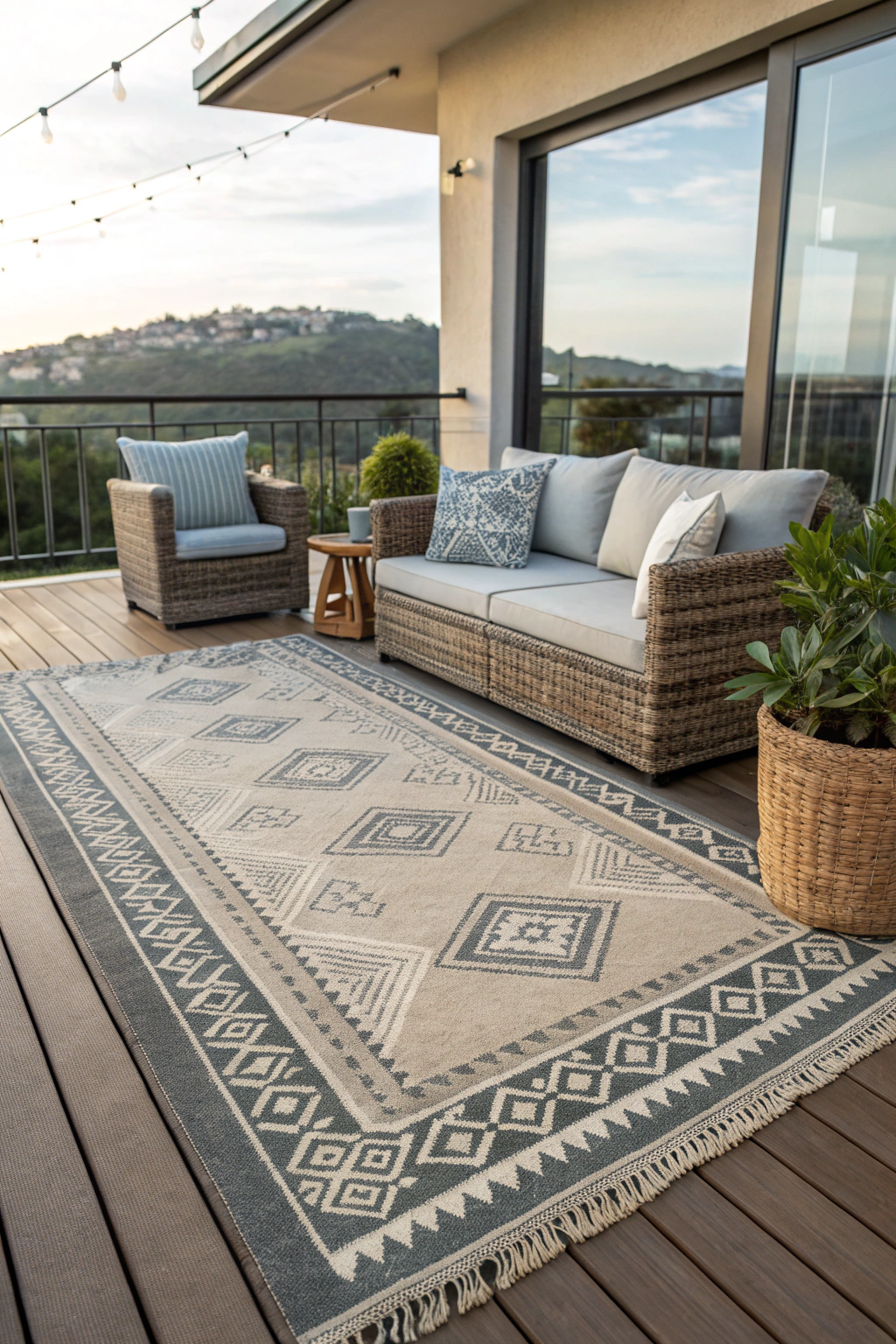 Outdoor rug on a balcony with seating area