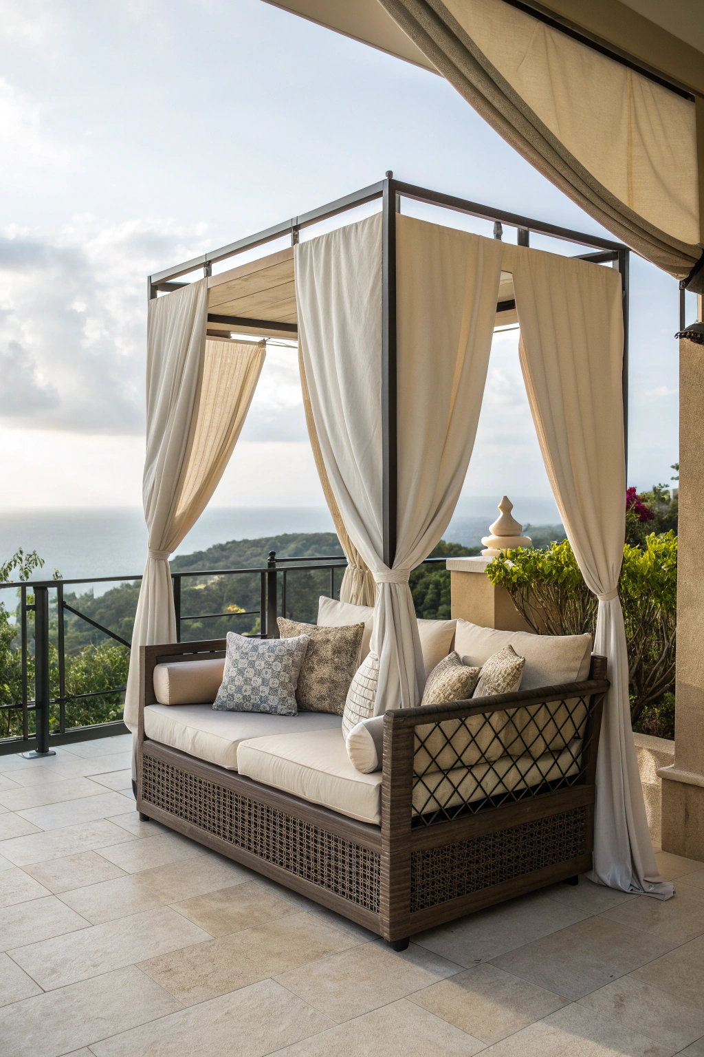 Canopy sofa on a balcony providing shade