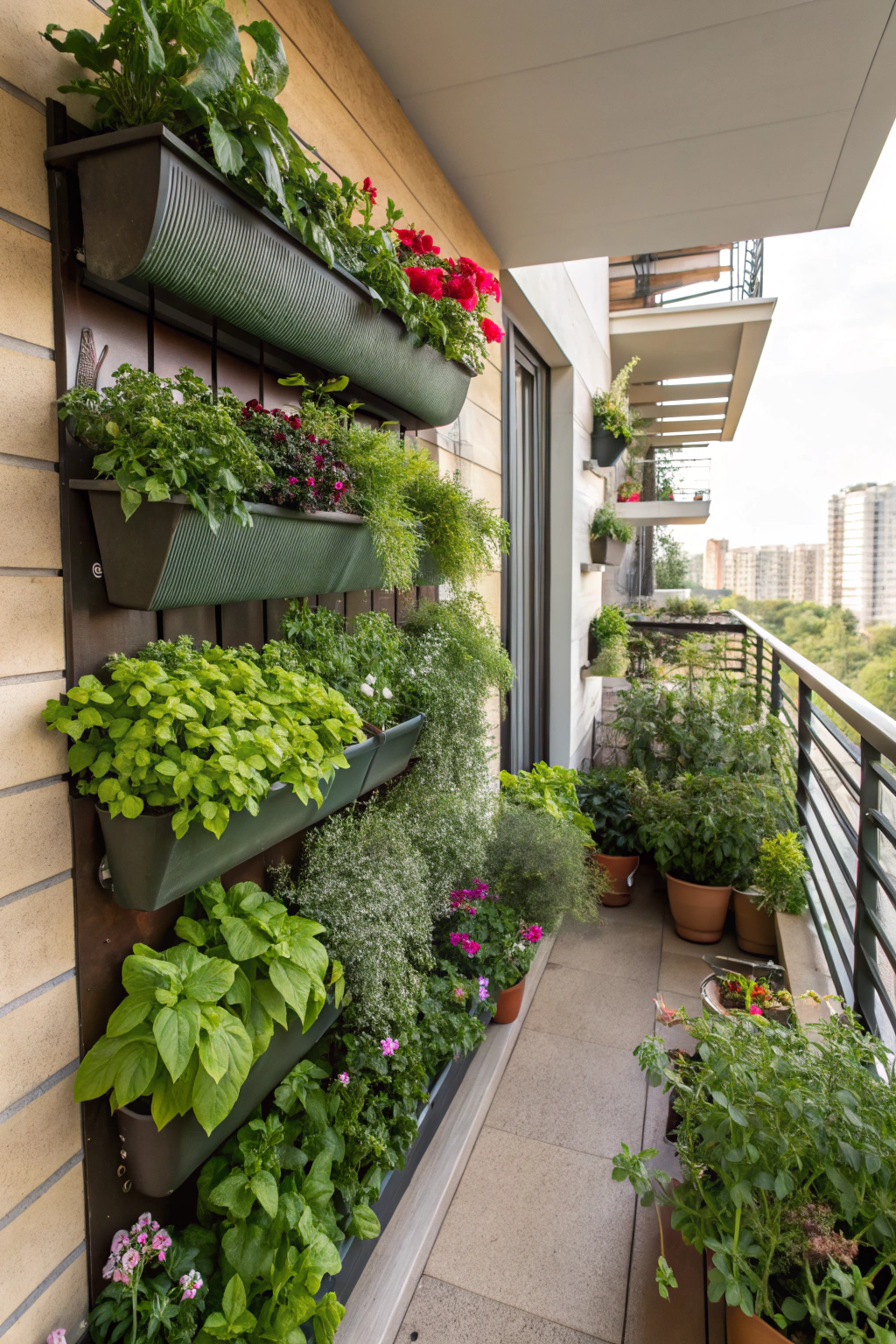 Vertical garden with wall planters on a small balcony