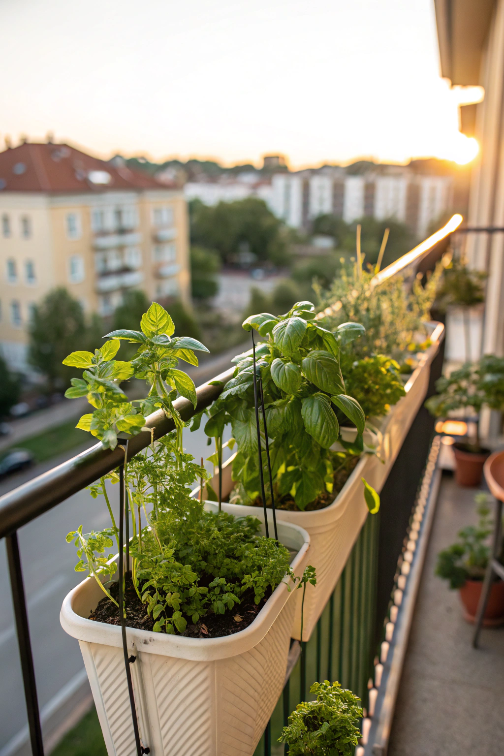 Hanging herb garden attached to balcony railings