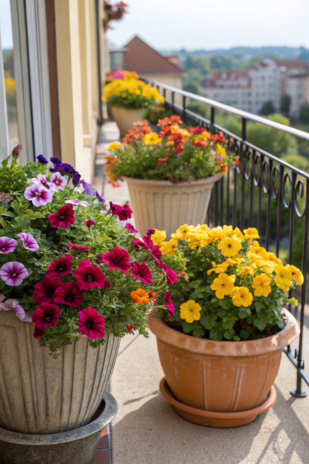 Colorful compact potted flower arrangements on a small balcony