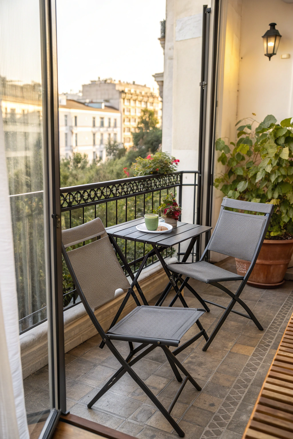 Foldable furniture set on a small balcony for cozy seating