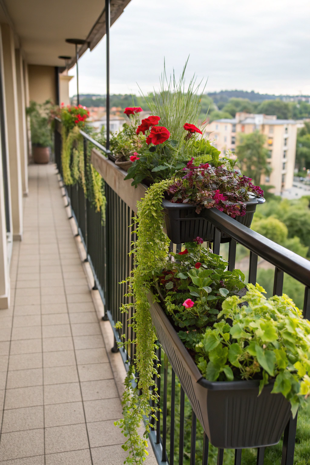 Rail planters attached to a balcony railing filled with greenery