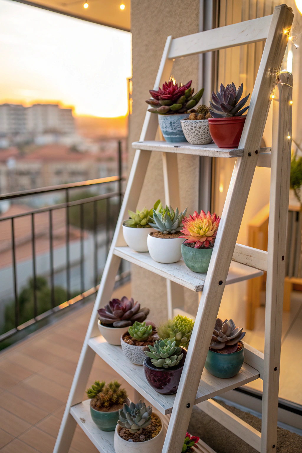 Ladder shelf displaying various succulents on a small balcony