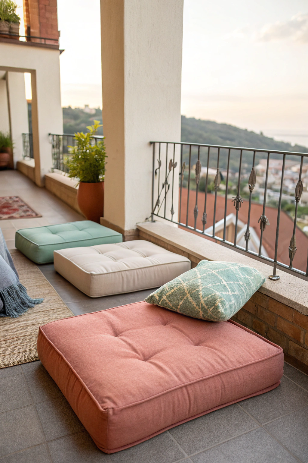 Outdoor floor cushions arranged for relaxation on a small balcony