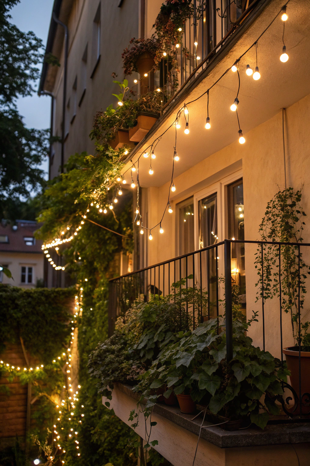 String lights illuminating a small balcony for a magical atmosphere