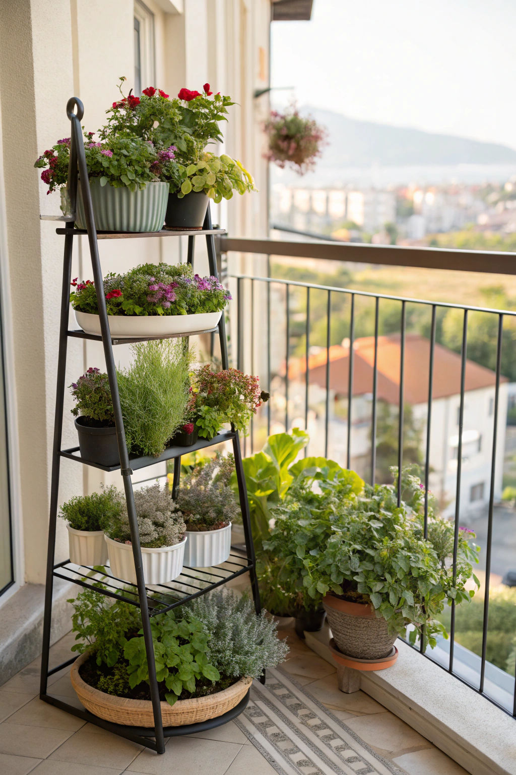 Tiered plant stands filled with various plants on a small balcony