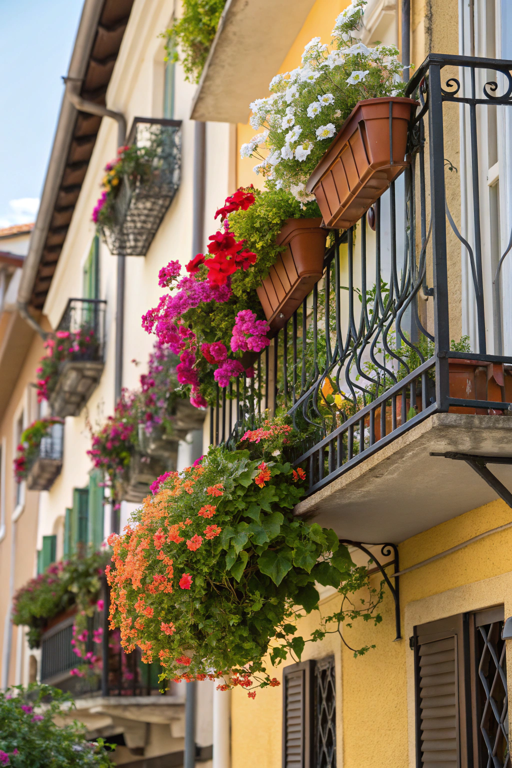 Colorful window boxes filled with vibrant flowers on a small balcony