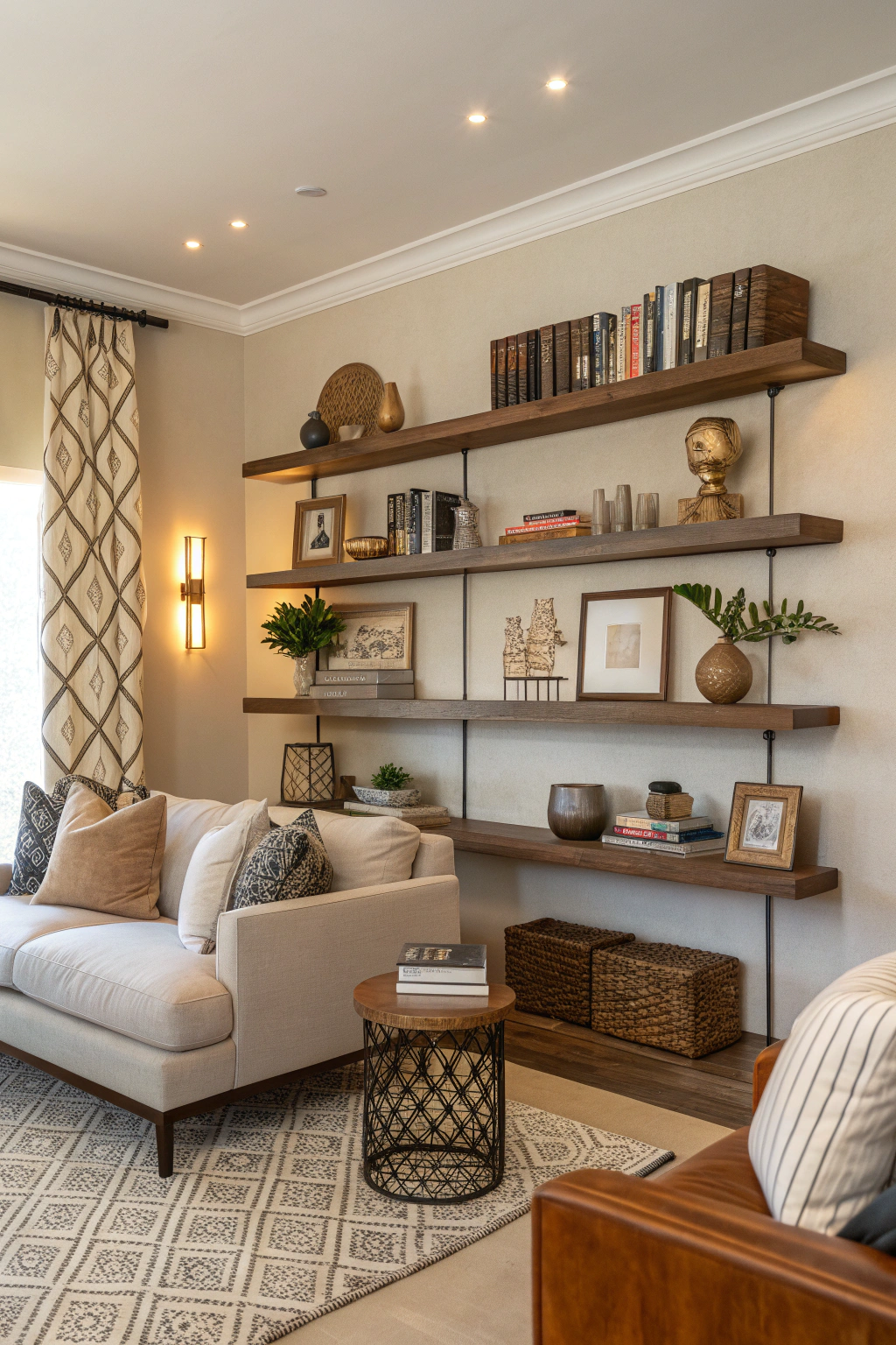 Living room showcasing floating shelves with decor items