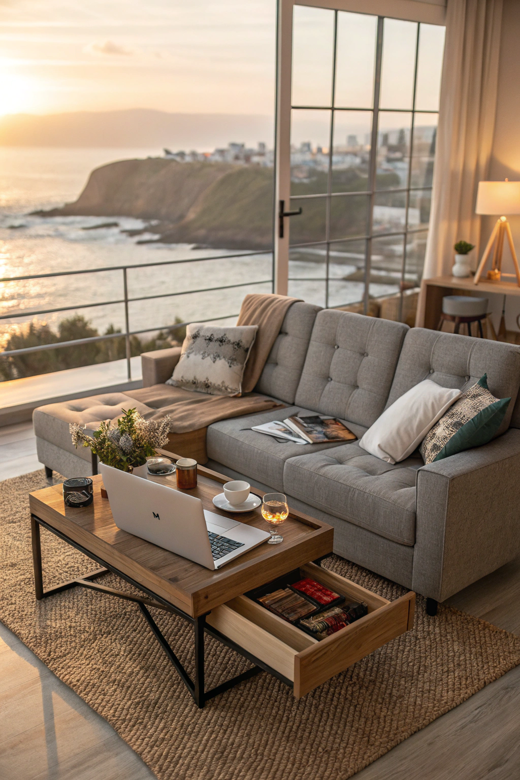 Living room featuring multi-functional furniture like a sofa bed