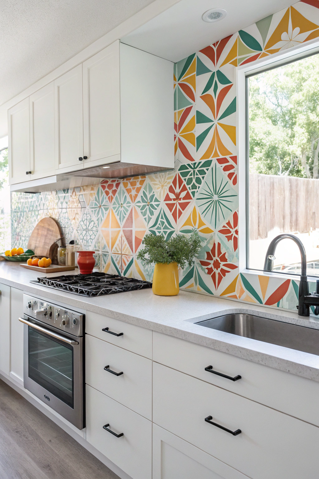 Kitchen with a modern peel-and-stick backsplash