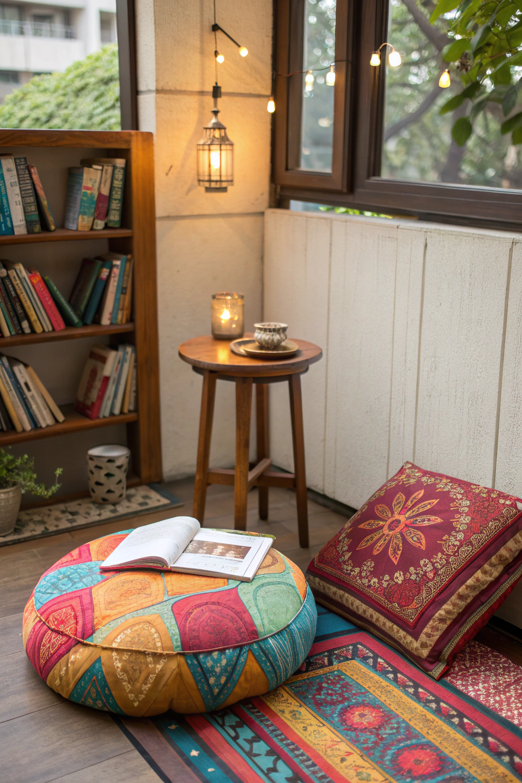 Cozy reading nook with floor cushions and a small table