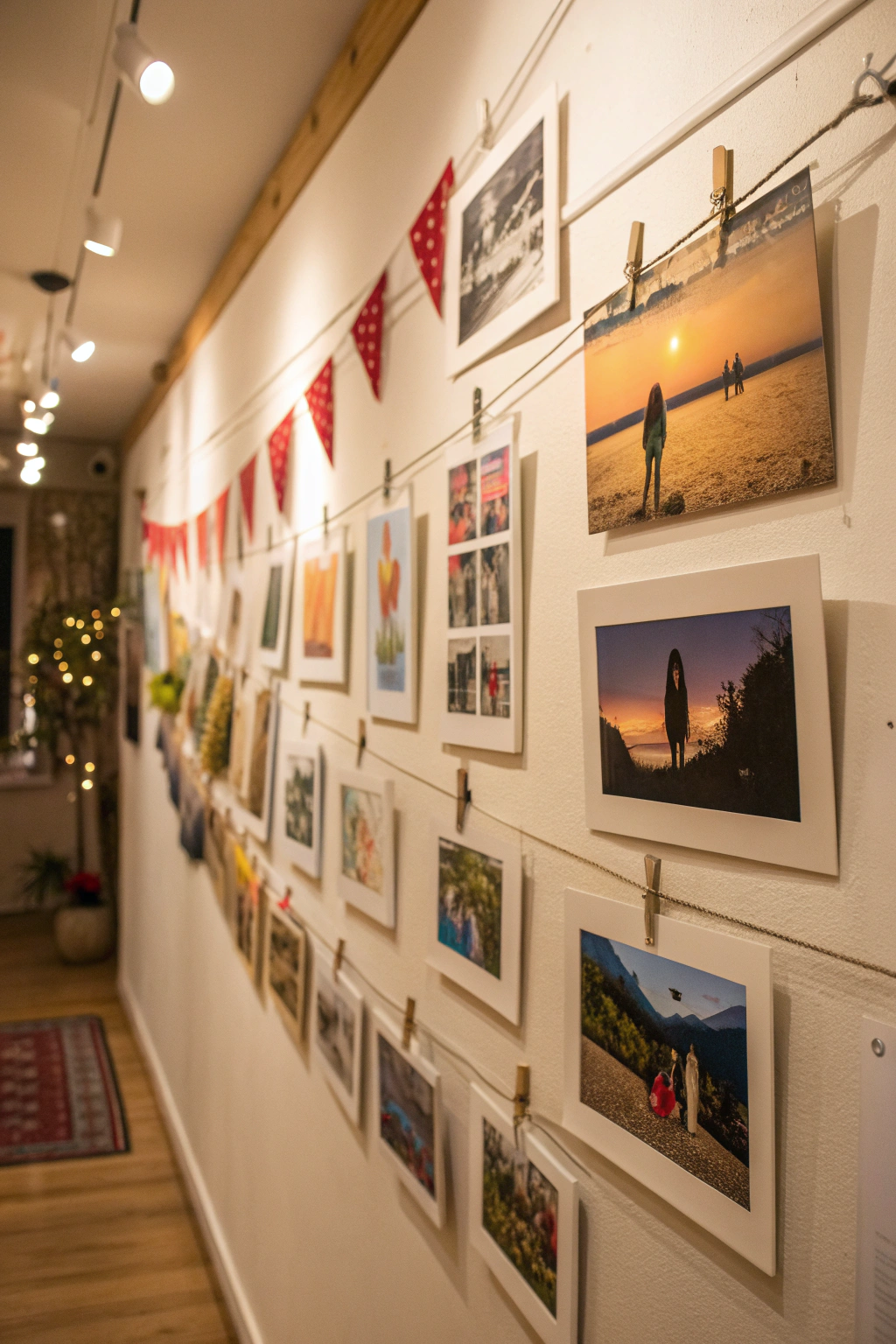 Gallery wall featuring art and photos hung with Command strips