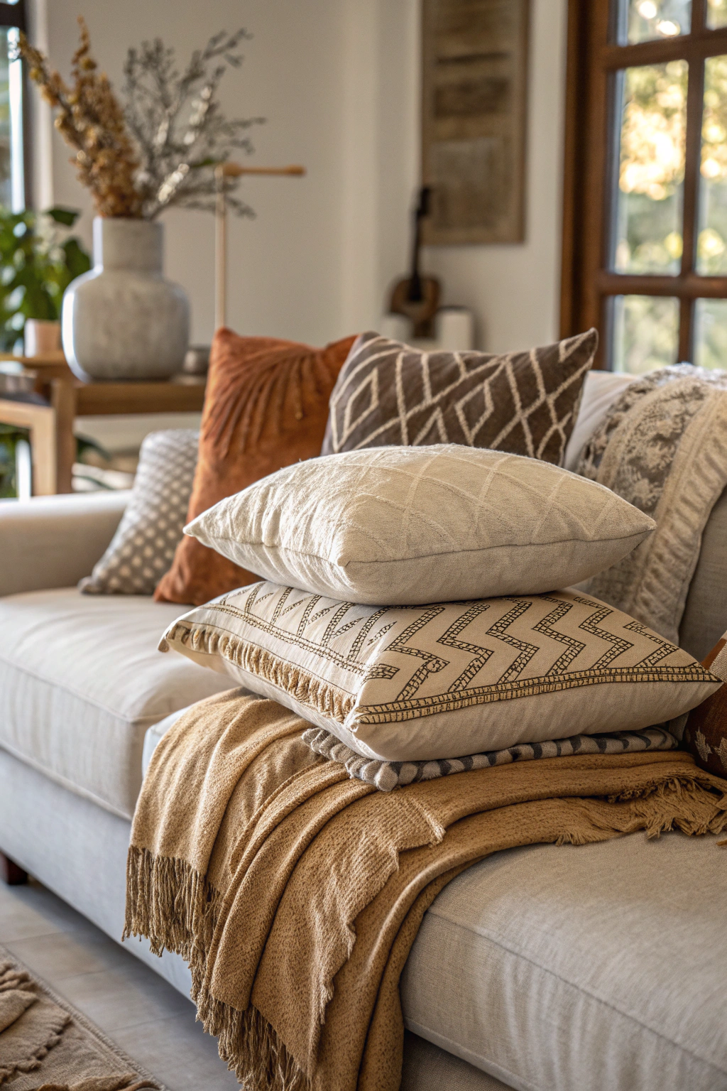 Cozy living area with layered textiles on the sofa
