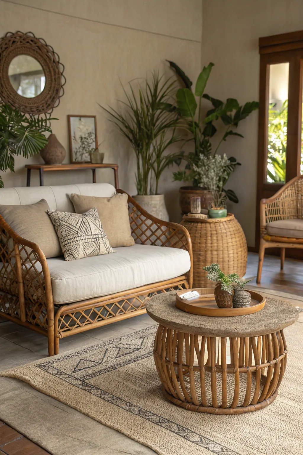 Organic modern furniture showcasing natural textures in a stylish living room