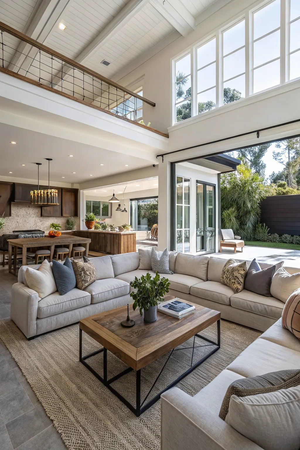 Open concept living area with modern transitional design elements