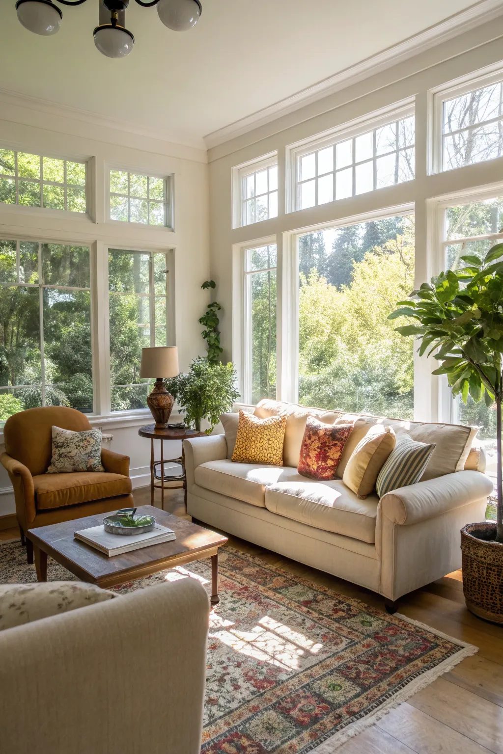 Bright living room utilizing natural light with large windows