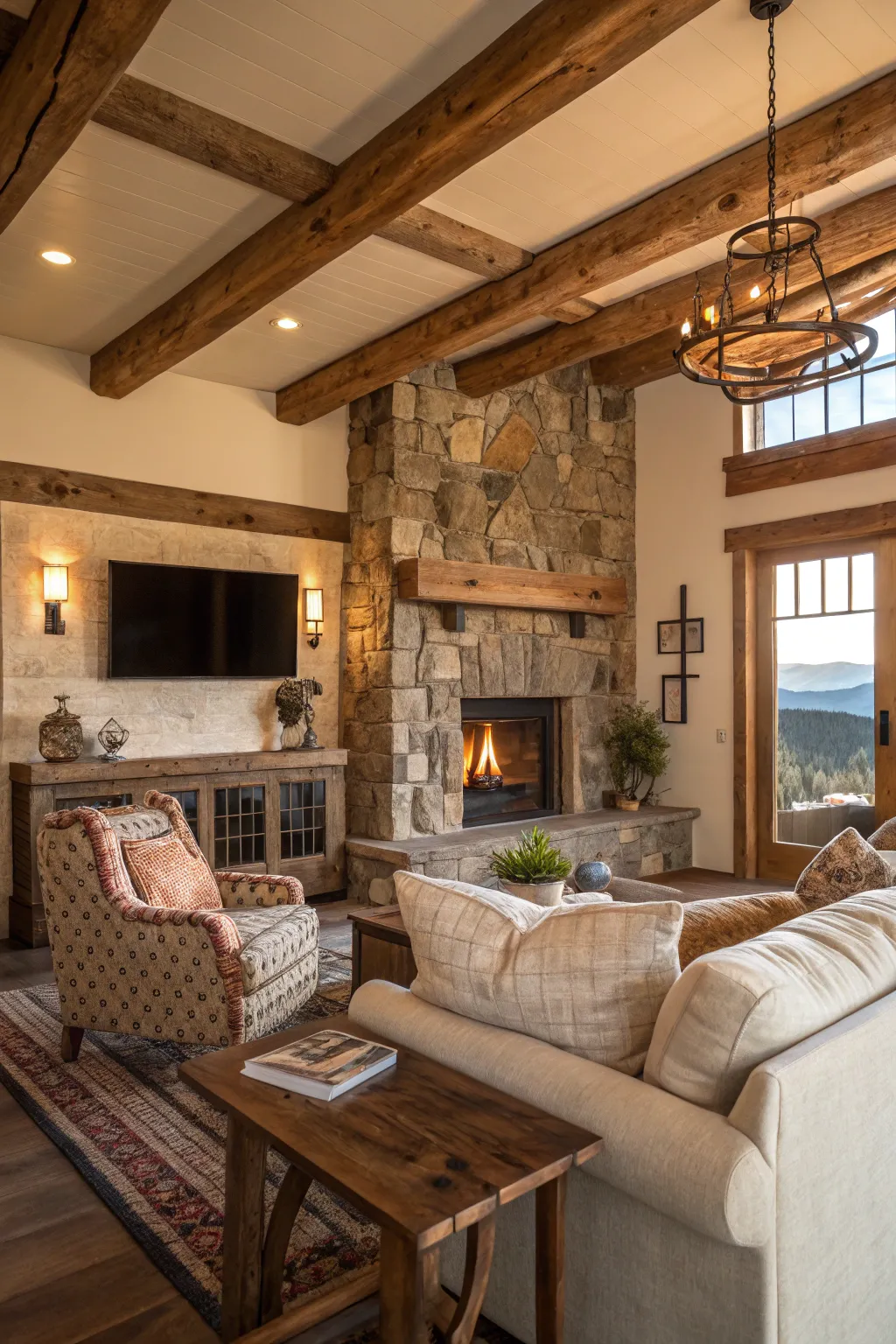 Cozy living room with rustic elements in an organic modern home