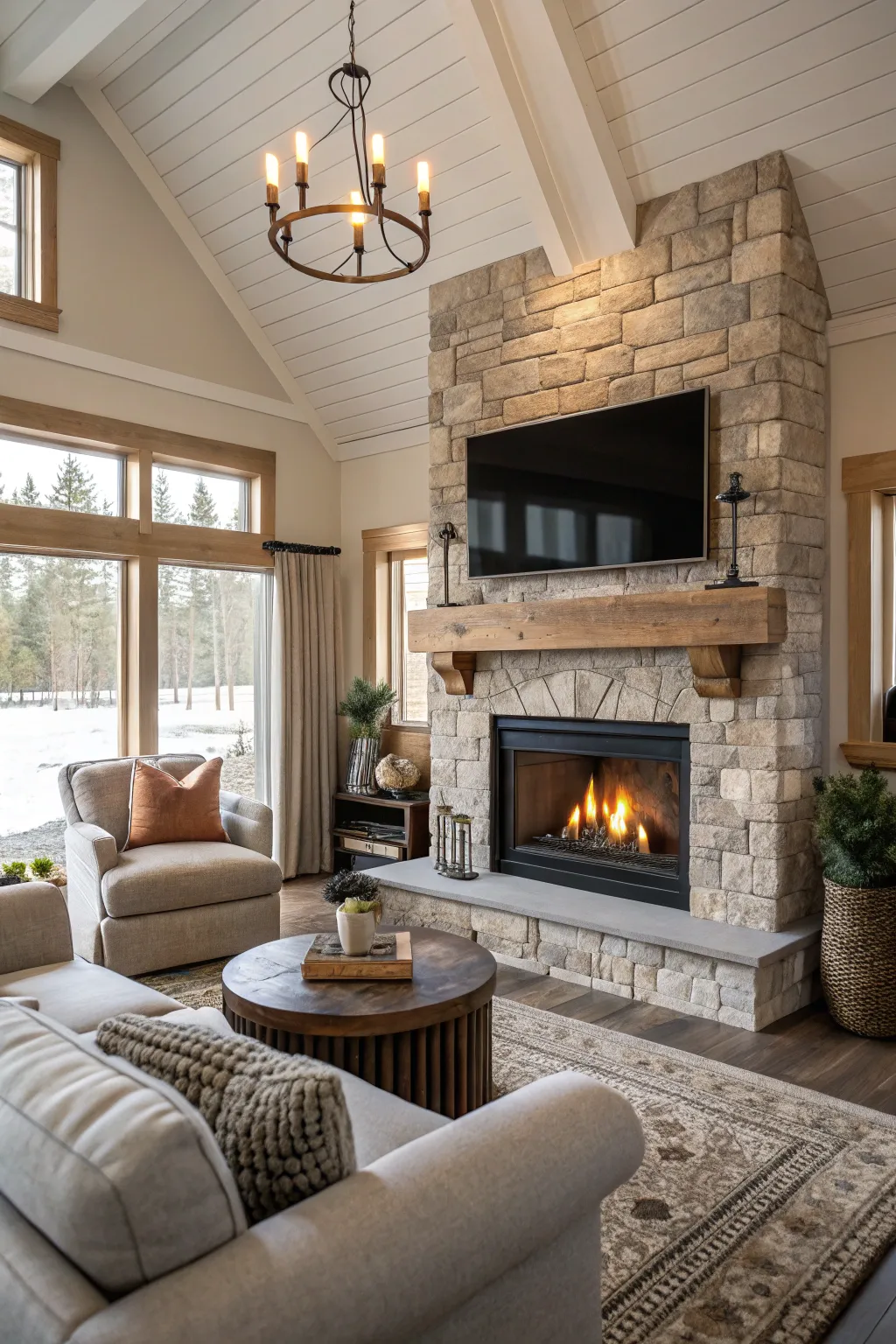 Stylish statement fireplace in an organic modern living room