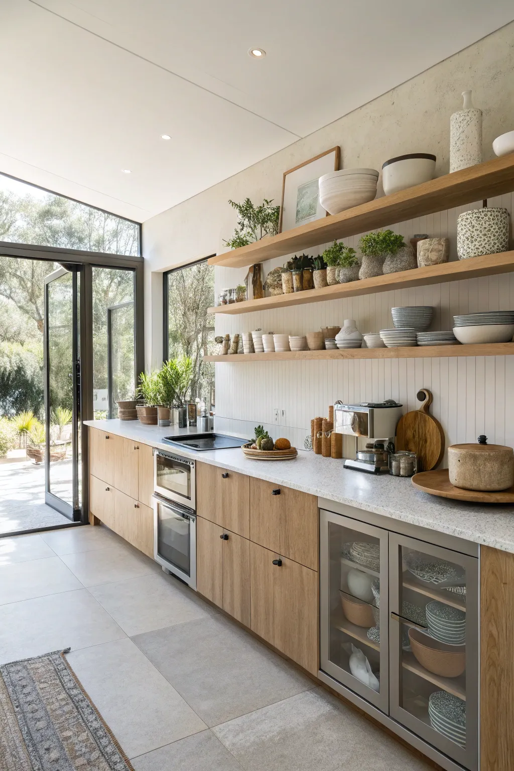 Open shelving in a modern kitchen showcasing organic design