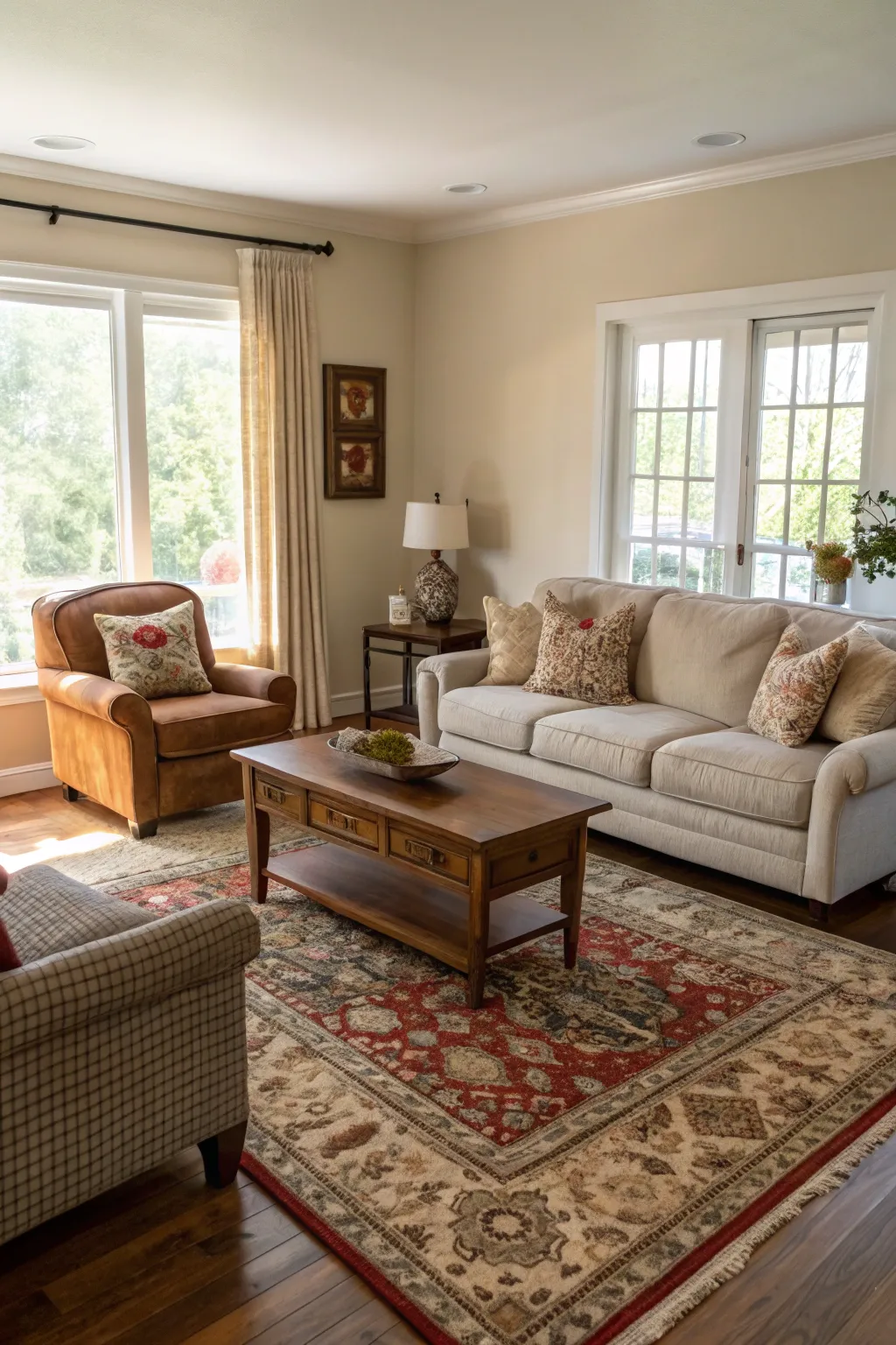 Harmonious living room layout with balanced furniture arrangement
