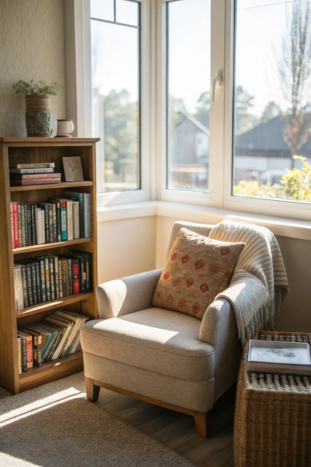 Cozy reading nook with natural light and comfortable seating