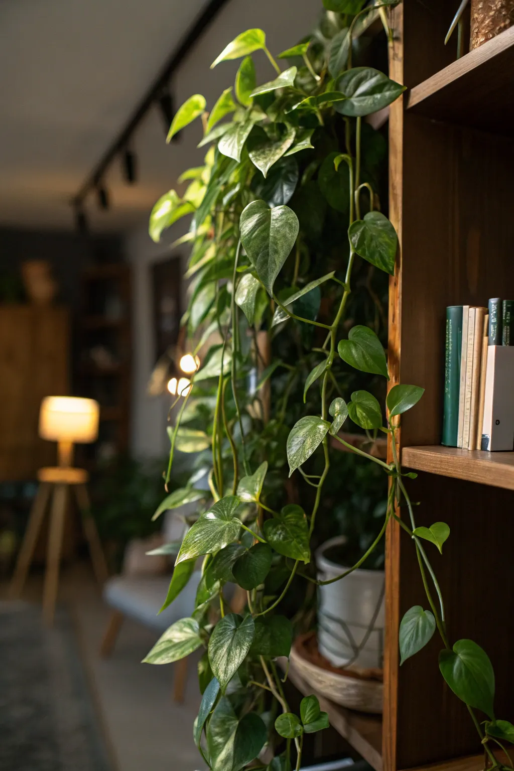 Pothos plant trailing from a shelf in a dimly lit room