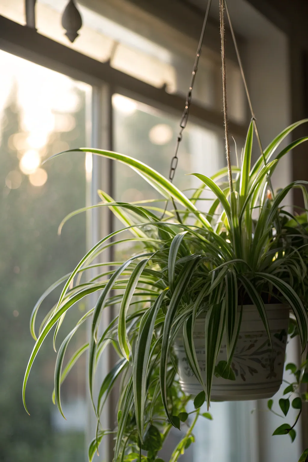 Spider plant in a hanging basket in a low-light room