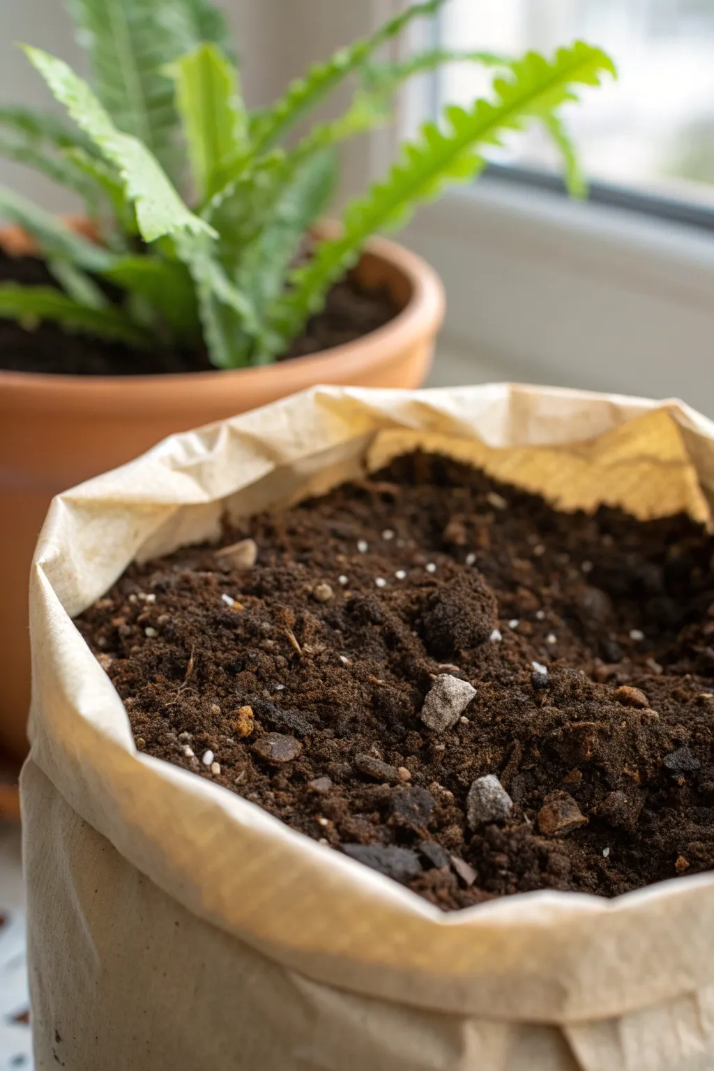 Bag of potting mix next to a potted rubber plant