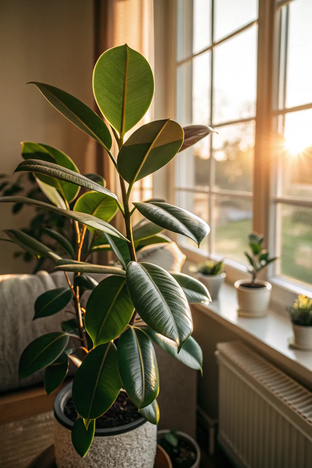 Rubber plant receiving bright, indirect sunlight by a window