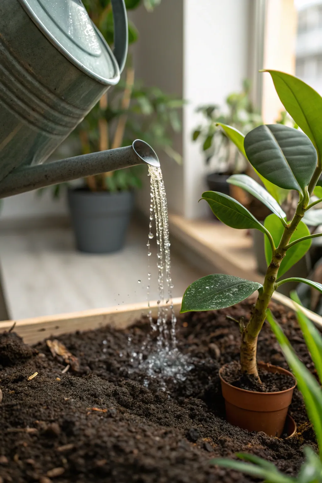 Watering a rubber plant with a watering can