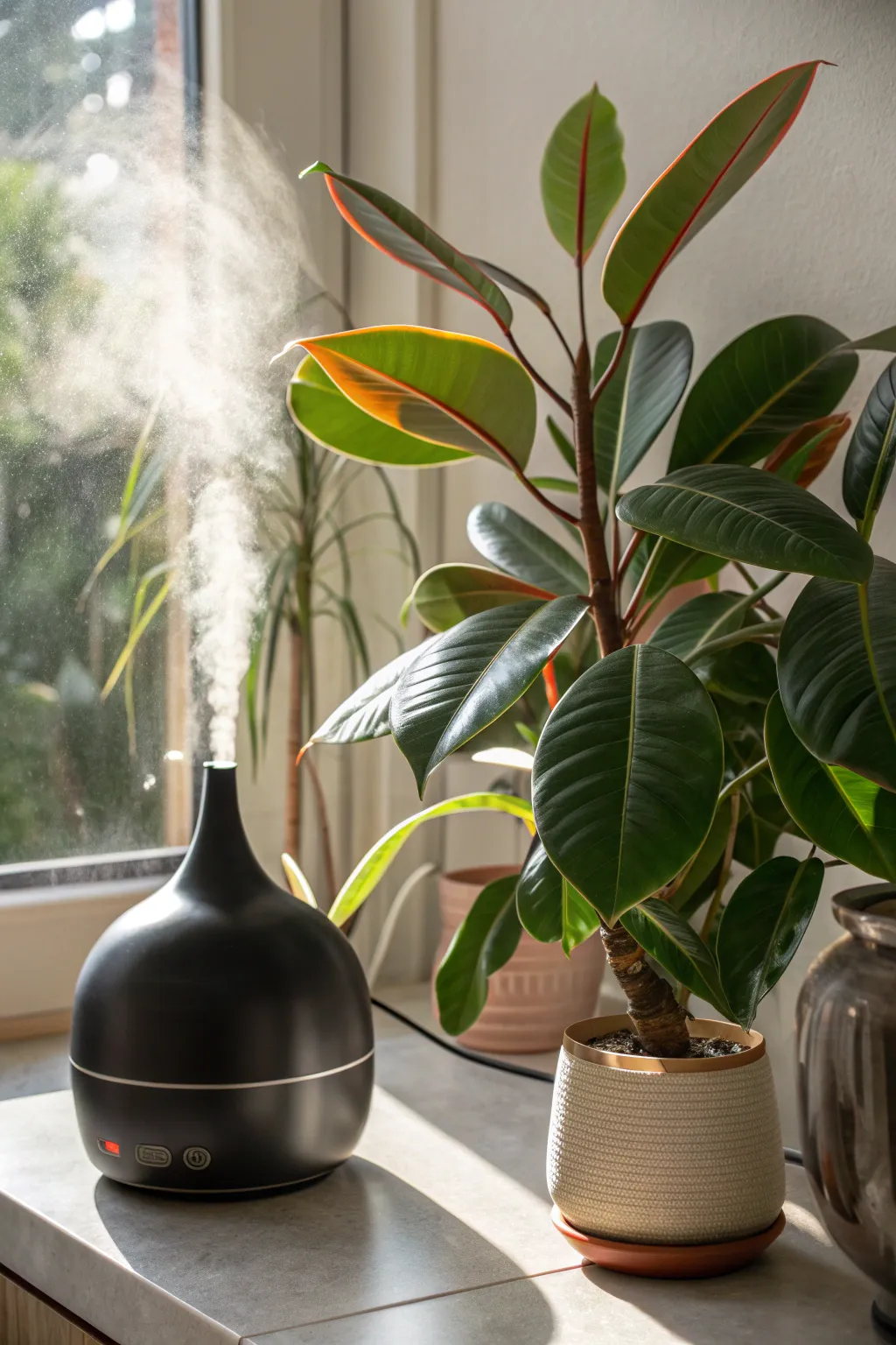 Humidifier next to a rubber plant